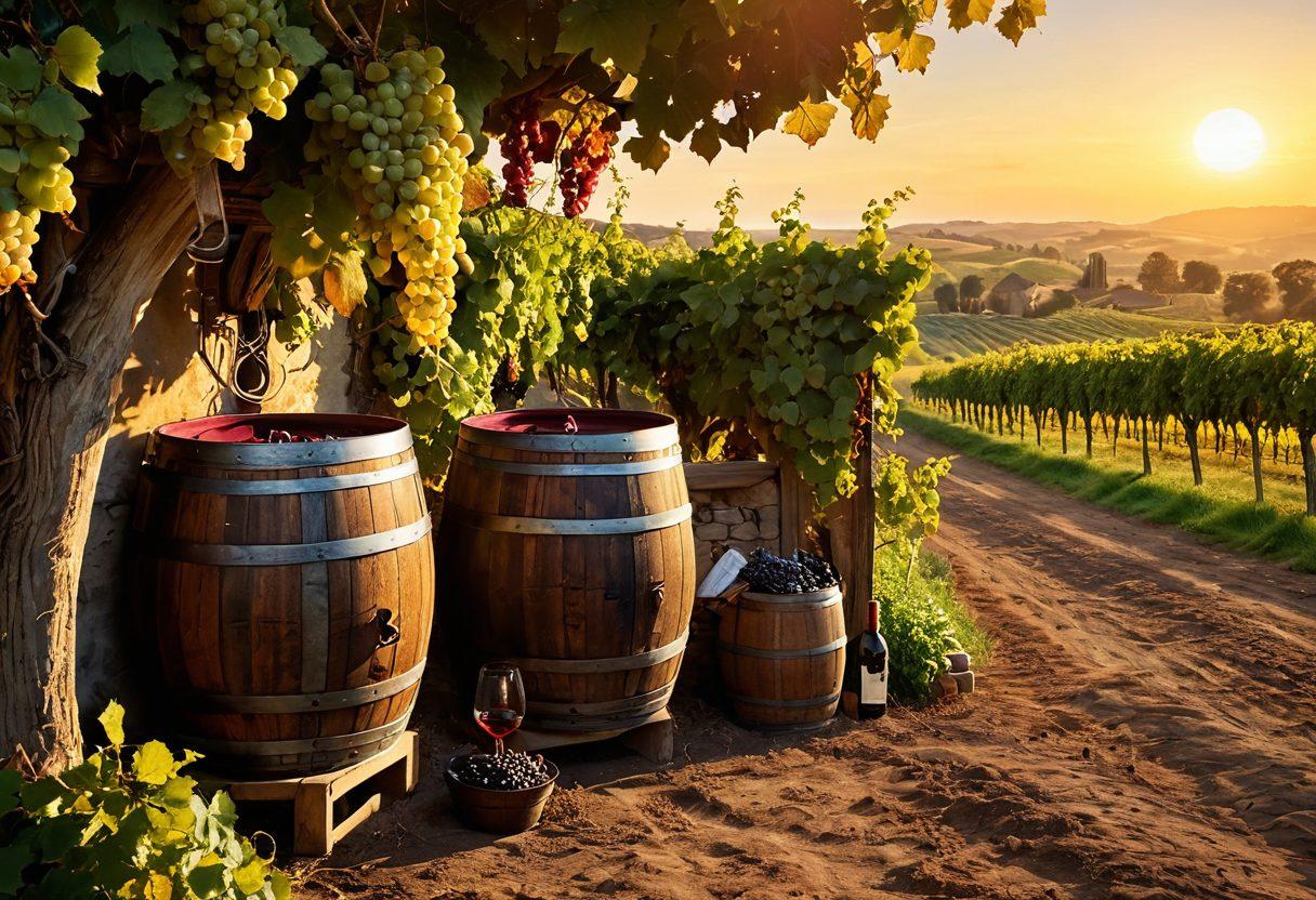 A picturesque vineyard landscape under a golden sunset, with lush grapevines leading towards a rustic wooden wine cellar. A skilled artisan is shown hand-picking grapes, while a glass of deep red wine sits elegantly on a barrel, reflecting the warm light. Include vintage wine-making tools and barrels in the background, evoking a sense of timeless tradition. vibrant colors. super-realistic. peaceful ambiance.