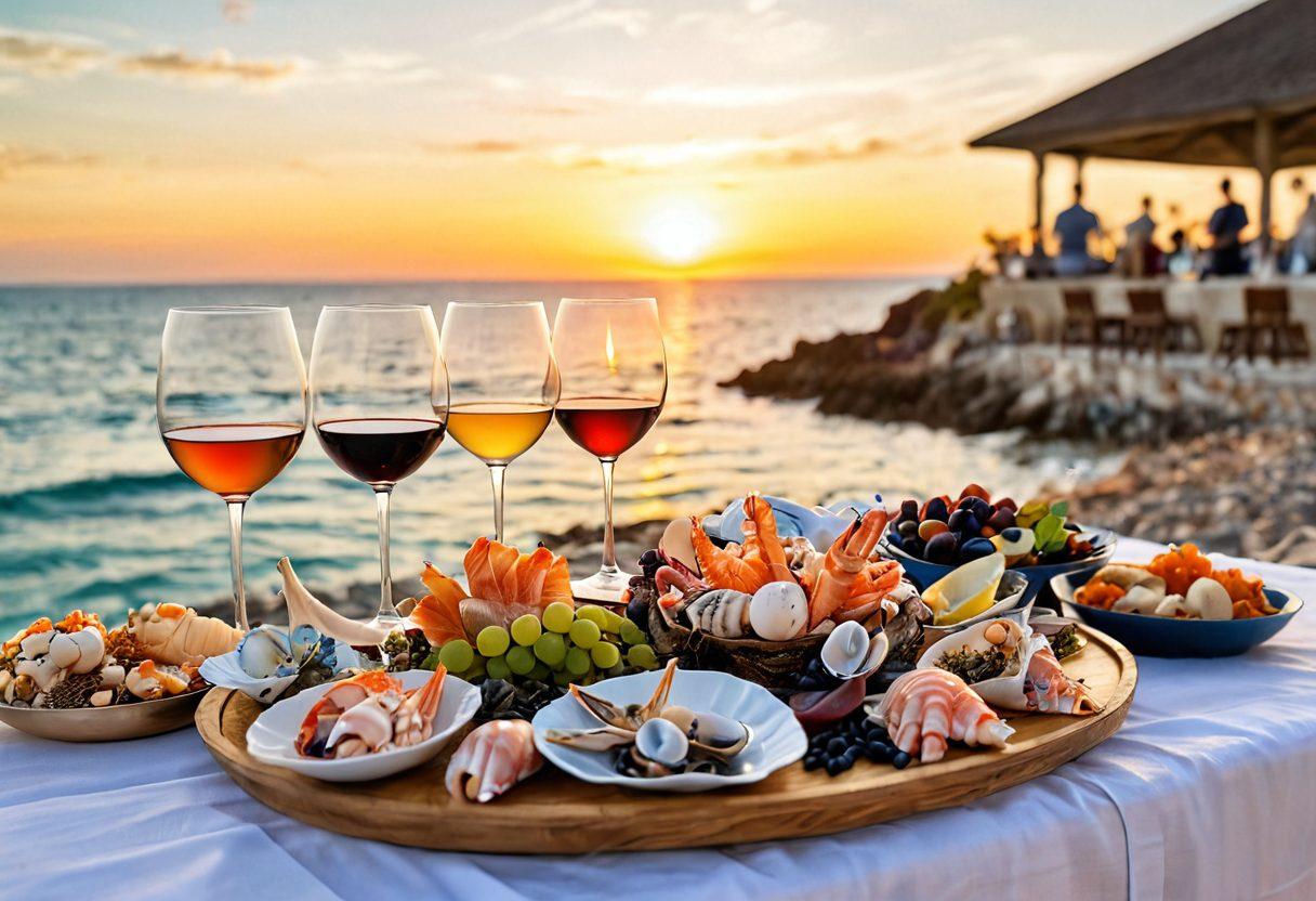 A beautifully arranged wine tasting scene by the ocean, featuring elegant glasses filled with rich Atlantis wines, assorted fresh seafood platters, and seashell decor. The sun setting in the background casts a warm, golden glow, enhancing the serene ambiance. Include ocean waves gently lapping at the shore and a hint of Atlantis-inspired architecture in the distance. super-realistic. vibrant colors. soft focus.