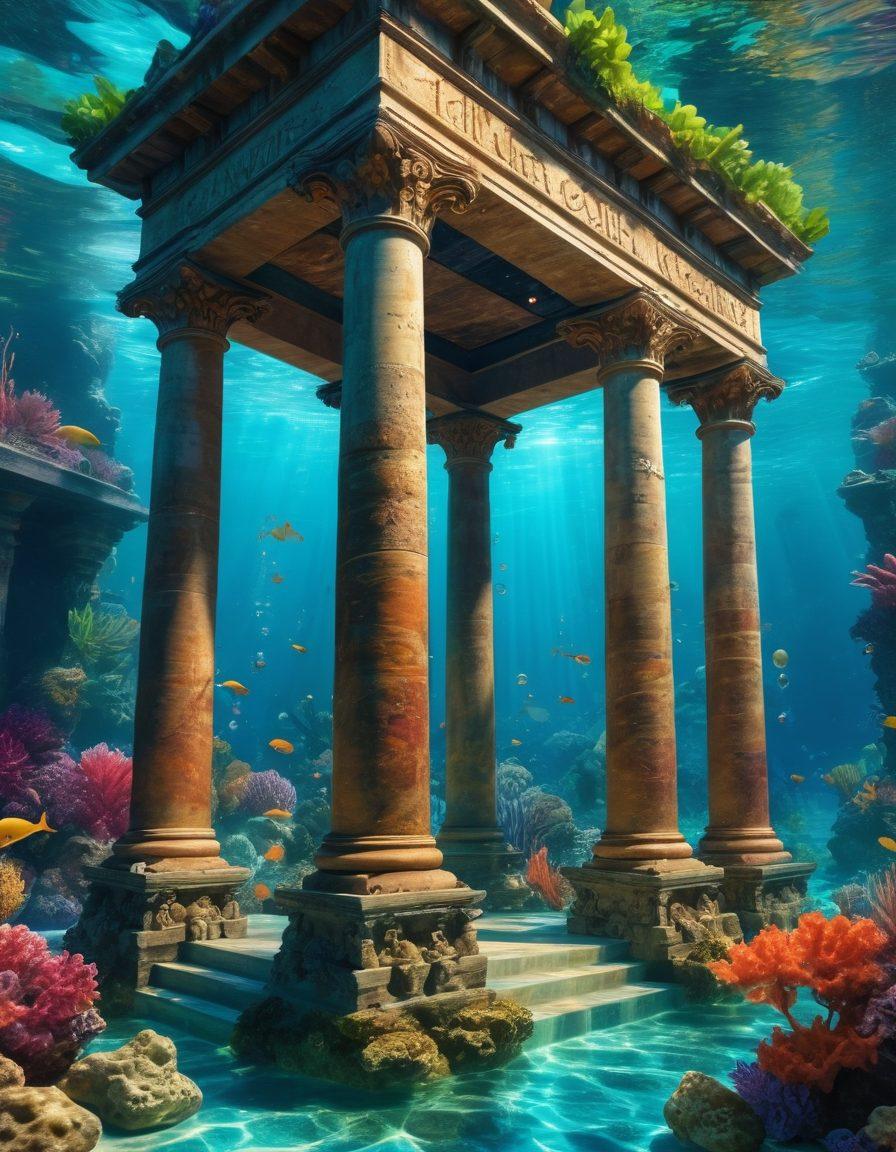 A vibrant underwater scene showcasing an ancient Atlantis city with grand columns and mermaids, surrounded by floating wine bottles and glasses, with colorful coral reefs in the background. Incorporate elements of wine tasting traditions like a sommelier inspecting a glass and ornate wine barrels. Magical bubbles rise as ocean waves gently flow around the scene. The overall ambiance should be enchanting and inviting. vibrant colors. super-realistic. oceanic theme.